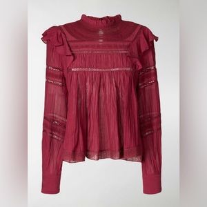 Isabel Marant Etoile Viviana Red Mock-Neck Long-Sleeve Ruffle Lace Cotton Blouse